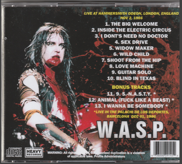 W.A.S.P. (Wasp) - Electric Circus In Hammersmith 1986 CD